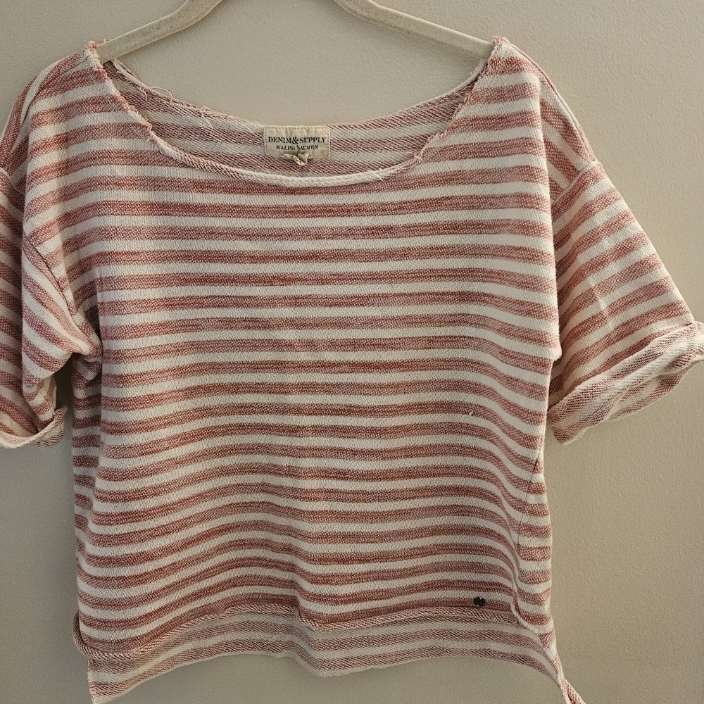 Denim & Supply Ralph Lauren Pink and White Striped Lightweight Knit Sweater